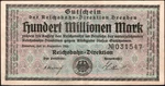 100 Million Mark 1923 - Reichsbahn Dresden Series: 031547 F #C47. Fixed Price $9.99.