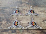 Rare Vtg Nos Trd Toyota Tri Spoke Chrome Knock Off Spinner Wheel Center Caps Set. Fixed Price $195.00.